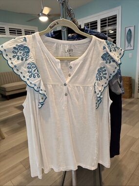 LOFT White Top with Blue Eyelet Flutter Sleeves